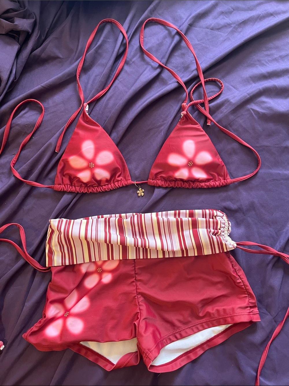 Women's Red Floral Triangle Bikini Set with Striped Waist Shorts
